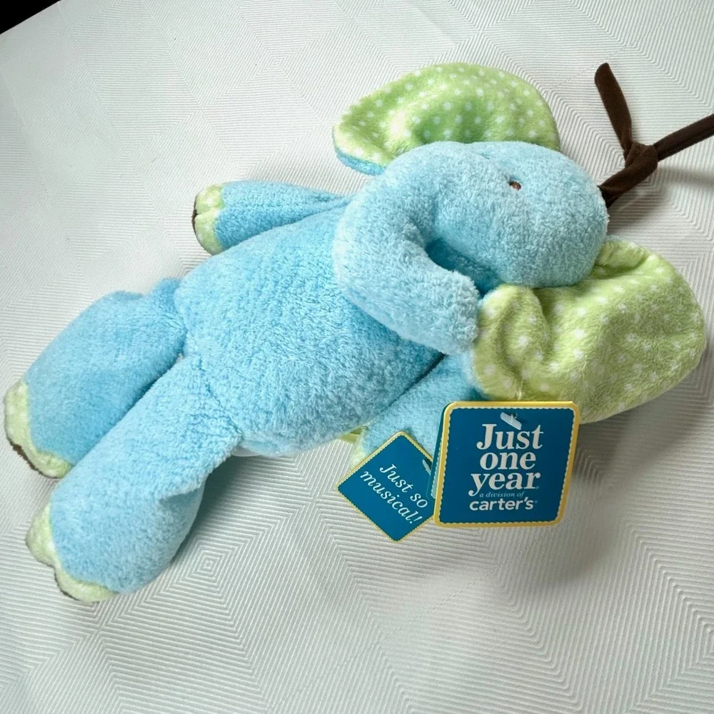 CARTERS Just One Year Musical Pull Blue Elephant White Dots Nursery Plush NEW